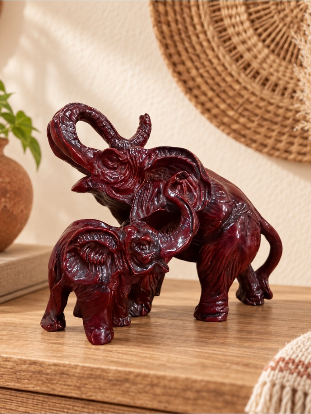 Vintage Burgundy Mother & Baby Elephant Figurine Boho Safari Animal Décor